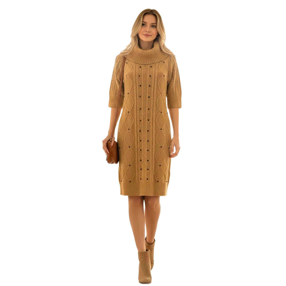 London Times Women's Sweater Dress Beige Short Sleeve Cowl Neck SIZE M #715